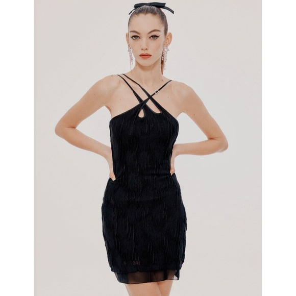 Nana Jacqueline Franca LBD Stretch Mini Dress Rhinestone On Strap Large NWT $368 - Picture 1 of 16